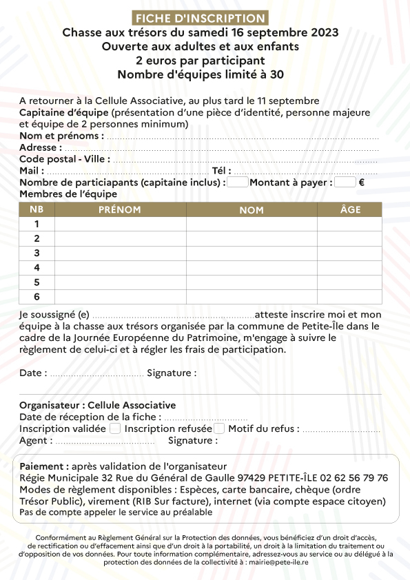 Fiche d'inscription chasse aux trésors
