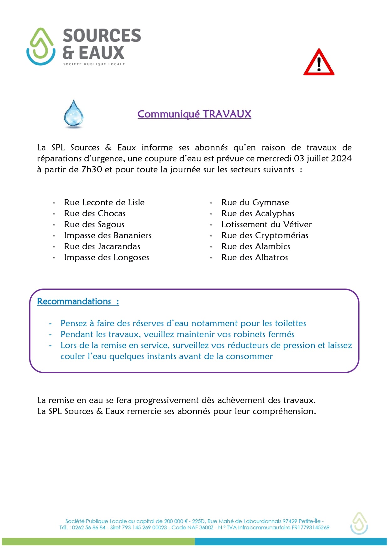 communiqué spl sources et eaux