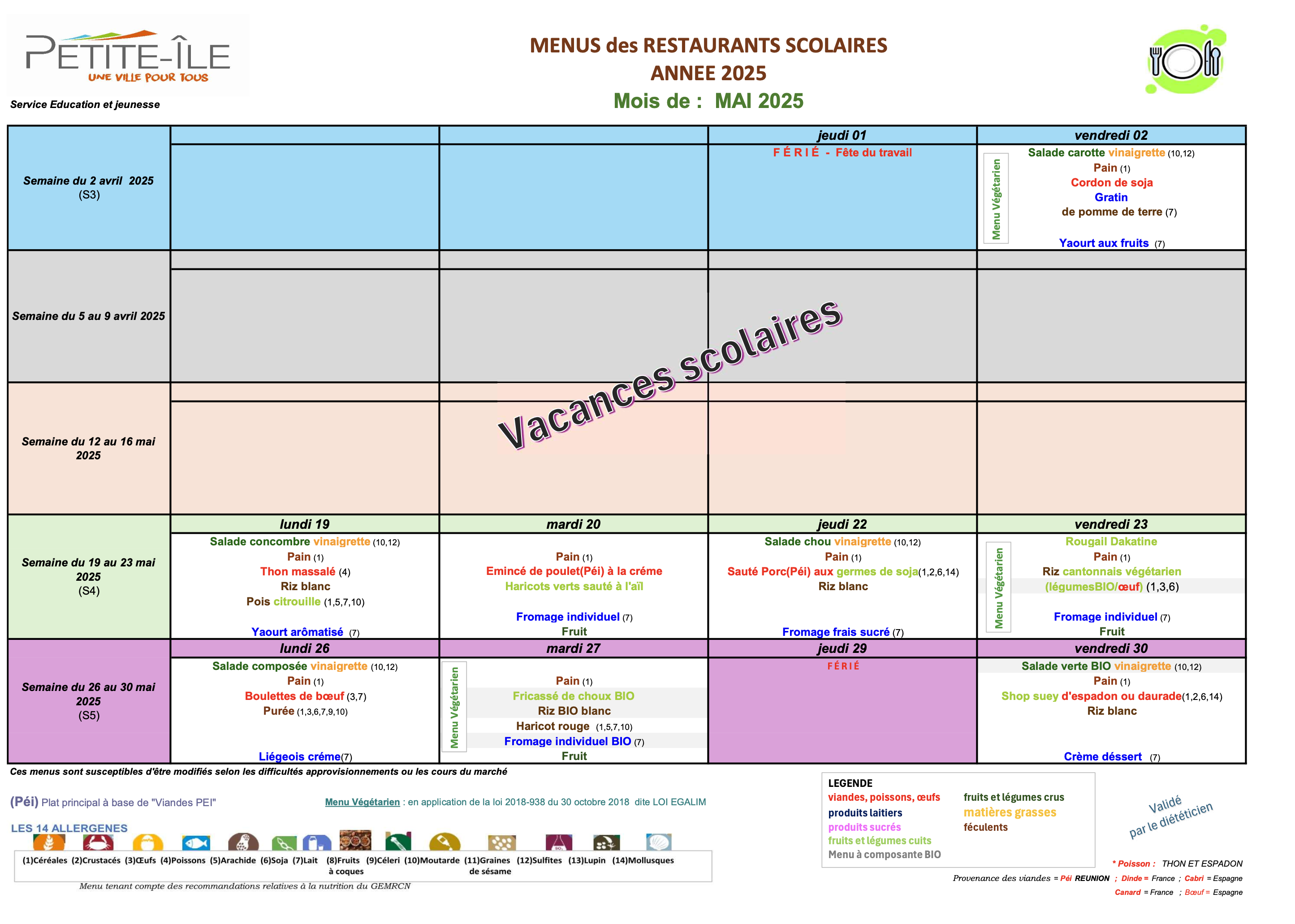Menu cantine mai 2025